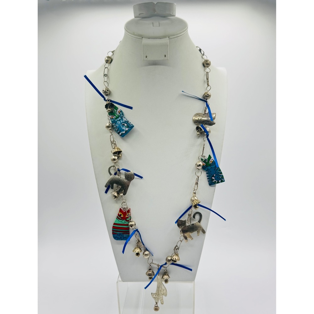 Vintage Artisan Cat Charm Bell Necklace Silver Tone Enamel Blue Ribbon Boho 32in